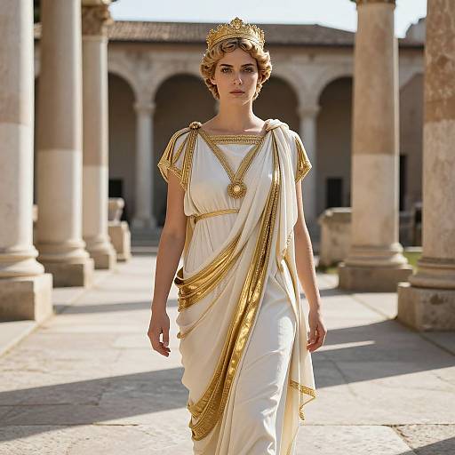 Photograph of a young woman with short, curly blonde hair, wearing a gold crown and white toga with gold trim, walking in a sunlit