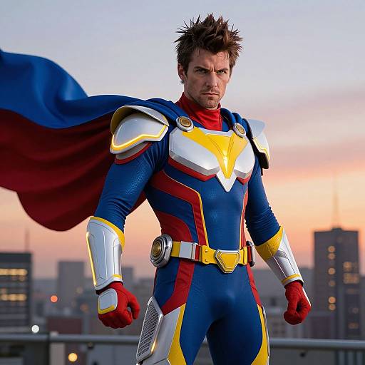 Photograph of a muscular man in a colorful superhero suit with spiked hair, red gloves, and a flowing cape, standing confidently against a city skyline at