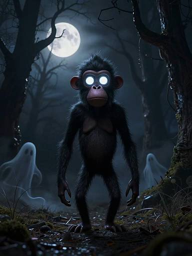 Digital artwork of a glowing-eyed monkey with dark fur, standing in a spooky, moonlit forest with ghostly figures in the background.