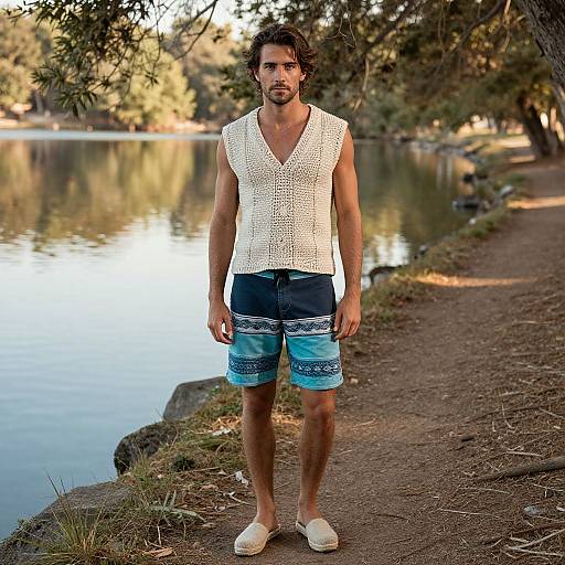 Photograph of a bearded man with curly hair, wearing a white sleeveless knit top and blue patterned shorts, standing on a dirt path by
