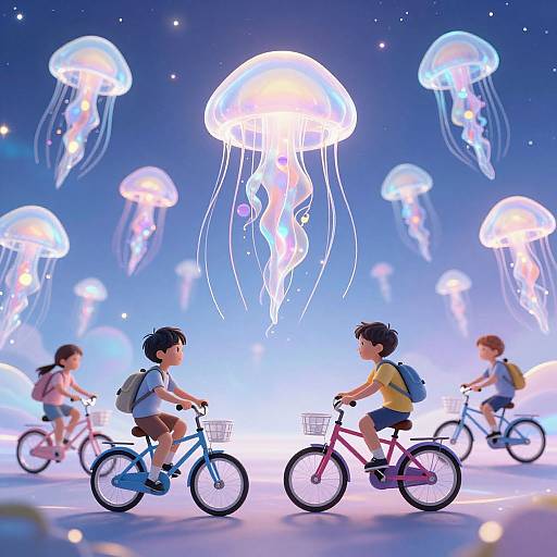 Digital illustration of four children riding bicycles amidst glowing, ethereal jellyfish in a starry, blue-night sky. Vibrant, whimsical, and