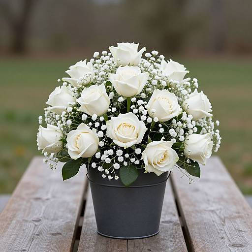 Photograph of a black pot filled with a bouquet of white roses and delicate baby's breath, centered on a wooden table. Blurred green and brown