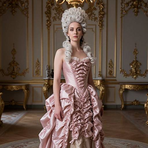 Photograph of a pale-skinned woman in an 18th-century-style pink satin gown with ruffles, white powdered wig, standing in an orn