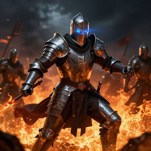 Photorealistic digital artwork of a glowing blue-eyed armored knight with fiery background, holding a sword, surrounded by other armored figures.