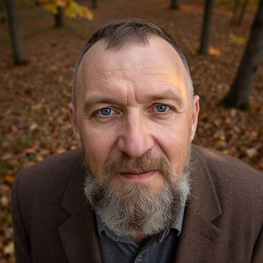 Close-up photograph of a middle-aged man with a balding head, blue eyes, gray beard, and brown jacket, standing in a leaf-covered autumn