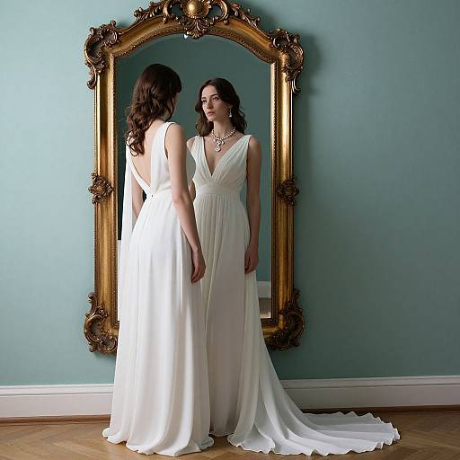 Photograph of a brunette woman in a white, V-neck, sleeveless wedding gown standing before an ornate, gold-framed mirror against a teal