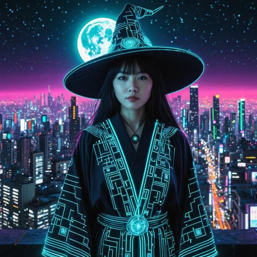 Digital Neon Circuit Witch in Futuristic Cityscape