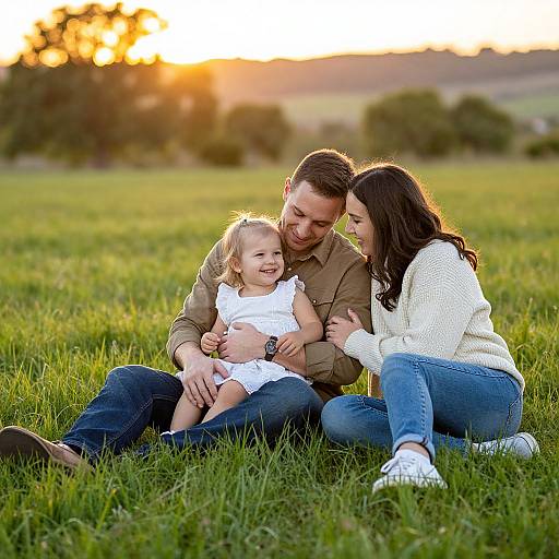 Photograph of a happy family of three sitting on grass at sunset, with the father in a brown shirt, mother in a white sweater, and daughter