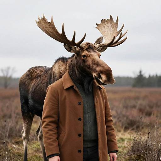 Man with Moose Head in Brown Coat
