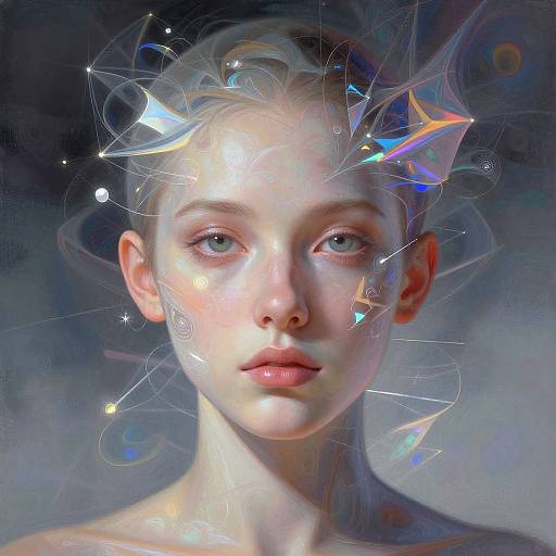 Digital painting of a pale, blue-eyed, blonde woman with ethereal, glowing, iridescent patterns on her face and hair against a dark,