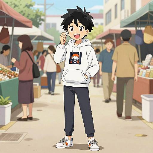 Lively Anime Boy at Weekend Market