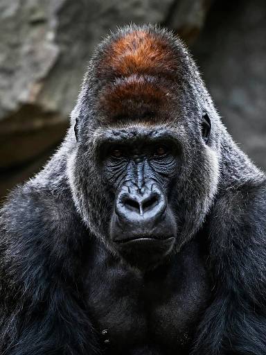 Photograph of a powerful male silverback gorilla with a reddish-brown crest, intense gaze, and dark, dense fur, set against a