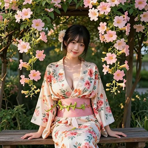 Photograph of an East Asian woman with fair skin and black hair, wearing a floral kimono with pink and red flowers, sitting on a wooden bench