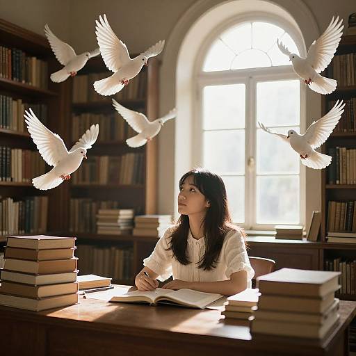 Photograph of an Asian woman with long black hair, wearing a white blouse, writing in a sunlit library, surrounded by white doves flying around