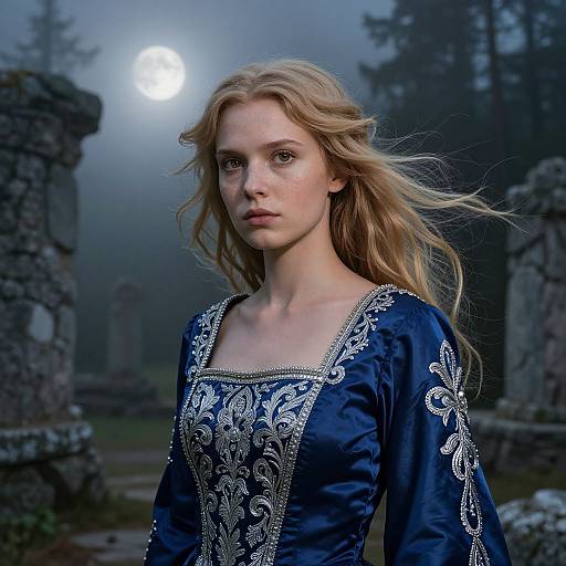Photorealistic digital artwork of a pale-skinned, blonde woman with flowing hair, wearing an ornate blue dress, standing in a foggy,