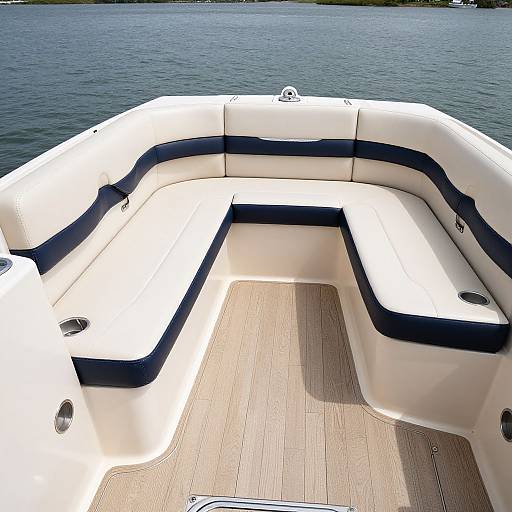 Photograph of a white and blue cushioned boat seating area with wooden floor, overlooking a calm blue lake.