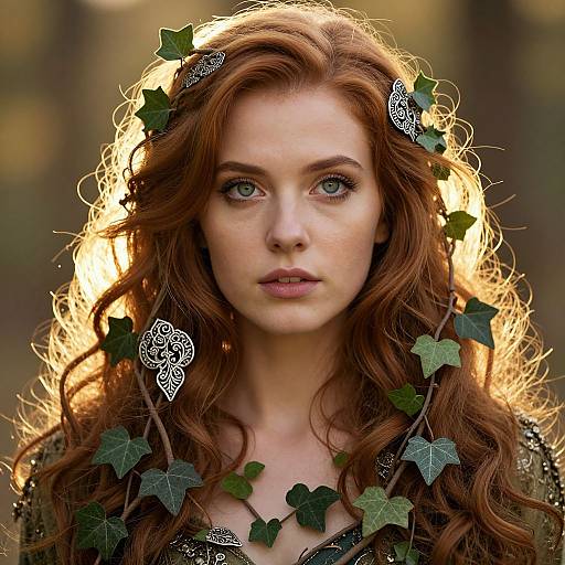 Photograph of a fair-skinned, green-eyed, red-haired woman with wavy hair, wearing a leaf and vine crown, illuminated by soft golden