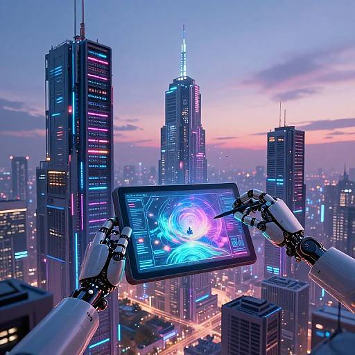 Cybernetic arms holding a tablet with a swirling blue and purple hologram, overlooking a futuristic cityscape at dusk with illuminated skyscrapers.