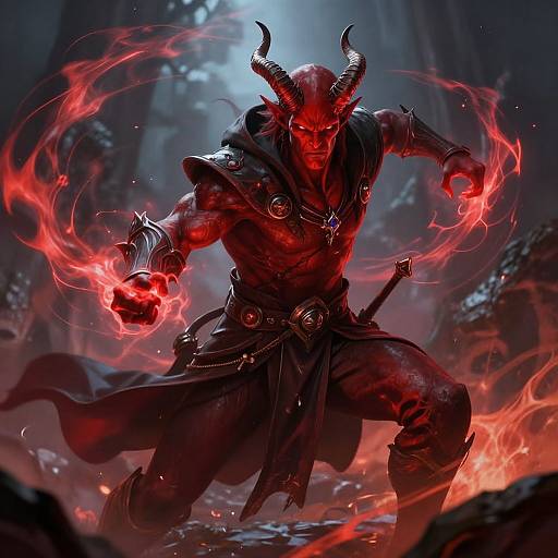 Digital artwork of a muscular, red-skinned demon with horns, glowing eyes, and fiery red energy, wielding a burning fist. Dark, rocky background