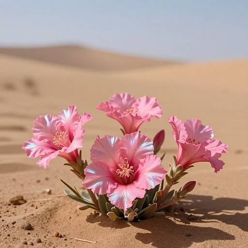 Photograph of vibrant pink desert flowers with frilled petals and yellow centers, blooming in sandy dunes under clear blue sky.