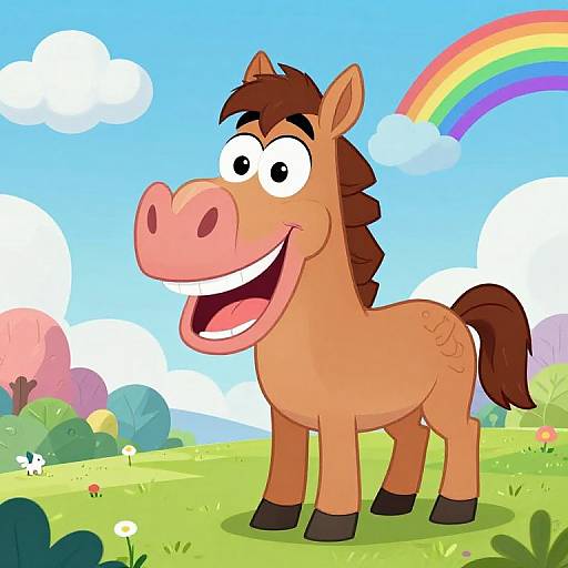 Cartoon-style drawing of a cheerful, brown horse with a pink nose, dark mane, and black hooves, standing in a colorful, sunny me