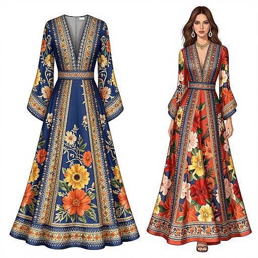 Photograph of a woman modeling a long, floral-patterned, blue and red traditional dress with intricate gold embroidery, standing beside a front and back view