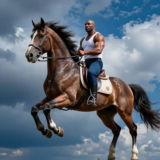 Photograph of a muscular Black man in a white tank top and blue jeans riding a powerful, brown horse with a black mane, against a dramatic,