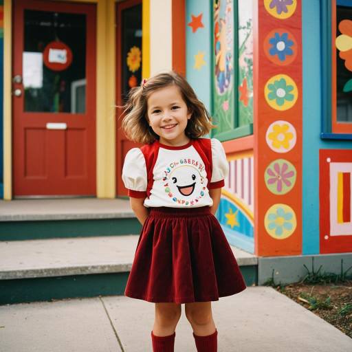 Smiling Toddler Girl Near Colorful Kindergarten
