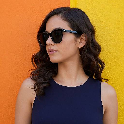 Photograph of a woman with wavy dark hair, wearing black sunglasses, a sleeveless black top, and thin hoop earrings, standing against a bright