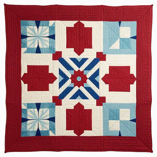 Quilt featuring a red and blue starburst pattern with white and red cross shapes, bordered in red fabric, showcasing intricate patchwork.