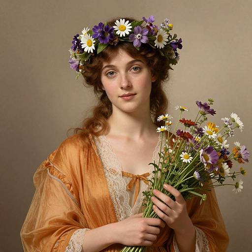 Photograph of a fair-skinned young woman with curly brown hair, wearing an orange lace dress and a flower crown, holding a bouquet of dais