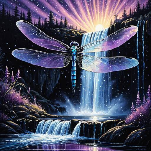 Elegant Dragonfly Over Sparkling Waterfall