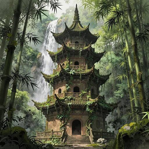 Forgotten Pagoda in Misty Bamboo Jungle