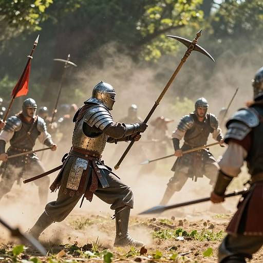 Photograph of medieval battle: armored knights with steel helmets and spears, surrounded by dust, fighting in a sunlit forest clearing.