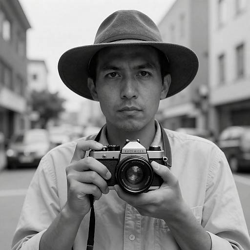 Man in Wide-Brim Hat with Vintage Camera