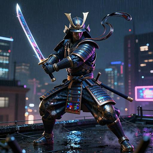 Futuristic Samurai Neon Night Battle