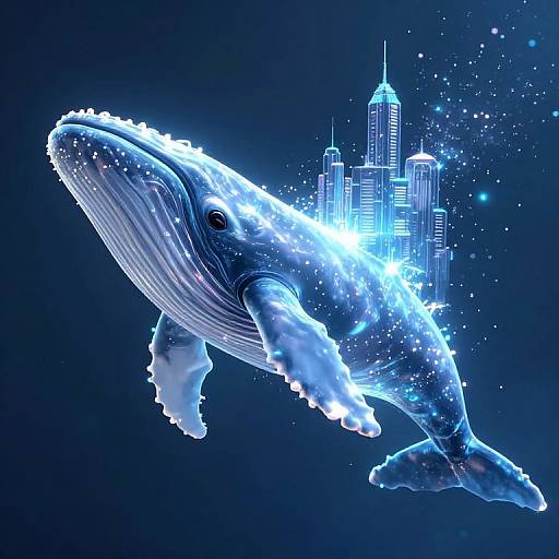 Digital artwork of a glowing blue whale with city skyscrapers emerging from its back, surrounded by sparkling stars in a dark blue background. Futuristic,