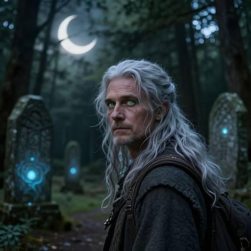 Photorealistic digital art: Older man with long, white hair and green eyes, wearing medieval clothing, stands in a dark, moonlit forest with