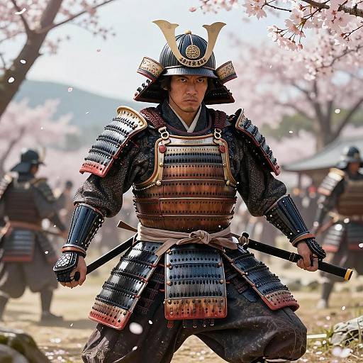 Photograph of a Japanese samurai in detailed armor, holding a sword, standing amidst cherry blossom trees, with blurred background warriors.