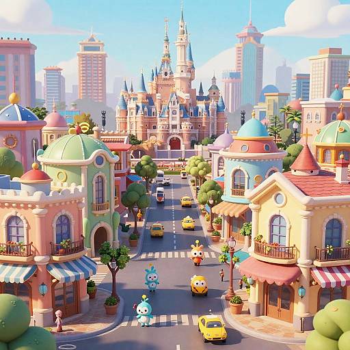 Bright, colorful CGI cityscape with cartoon buildings, a central castle, yellow cars, blue sky, and whimsical characters on a bustling street.