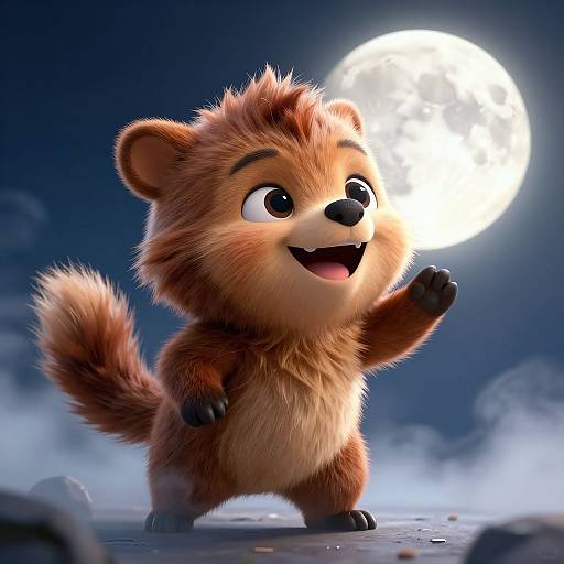 CGI image of a cute, fluffy, brown, cartoon bear cub with large eyes, smiling, and raising one paw under a bright full moon in