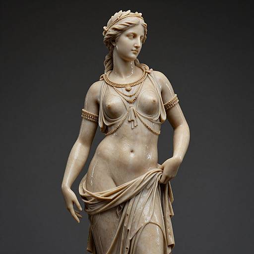 Photograph of a classical-style bronze statue of a nude woman with detailed jewelry, draped cloth, and wavy hair against a dark background.