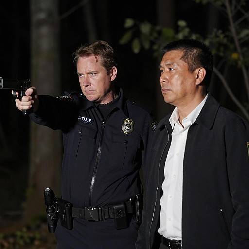Police Officer and Detective in Nighttime Forest