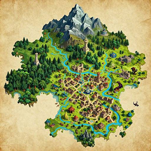 Detailed digital map of a vibrant fantasy village with winding rivers, dense forests, mountains, colorful buildings, and scattered structures, set against a textured beige background