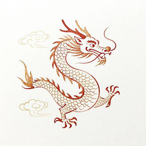 Stylized, orange-red Chinese dragon illustration with scales, flames, and wispy hair, mid-flight, showcasing dynamic motion and traditional Asian art elements