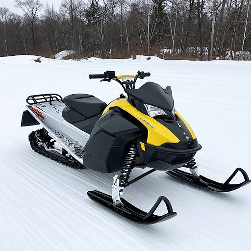 Photograph of a yellow and black snowmobile with black tracks, parked on a snowy field, surrounded by leafless trees.