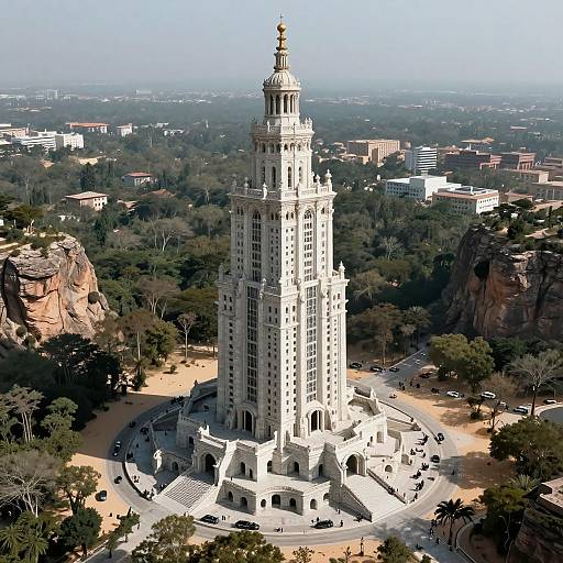 Photograph of an ornate, white, tall clock tower in a lush, hilly urban park, surrounded by trees and buildings in the background.