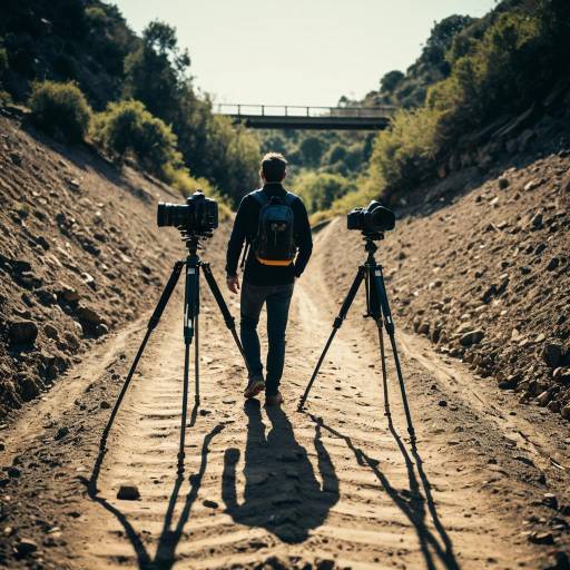Photographer Walking Between Cameras on Tripods