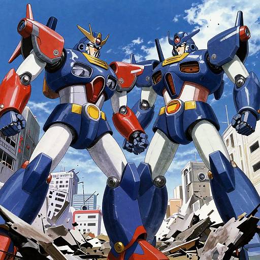 Digital art of two blue and red robotic mecha warriors destroying a cityscape, standing on rubble, under a bright blue sky.