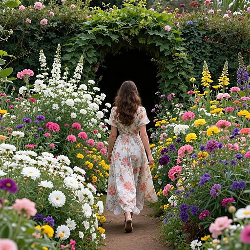 Woman in Floral Garden Pathway